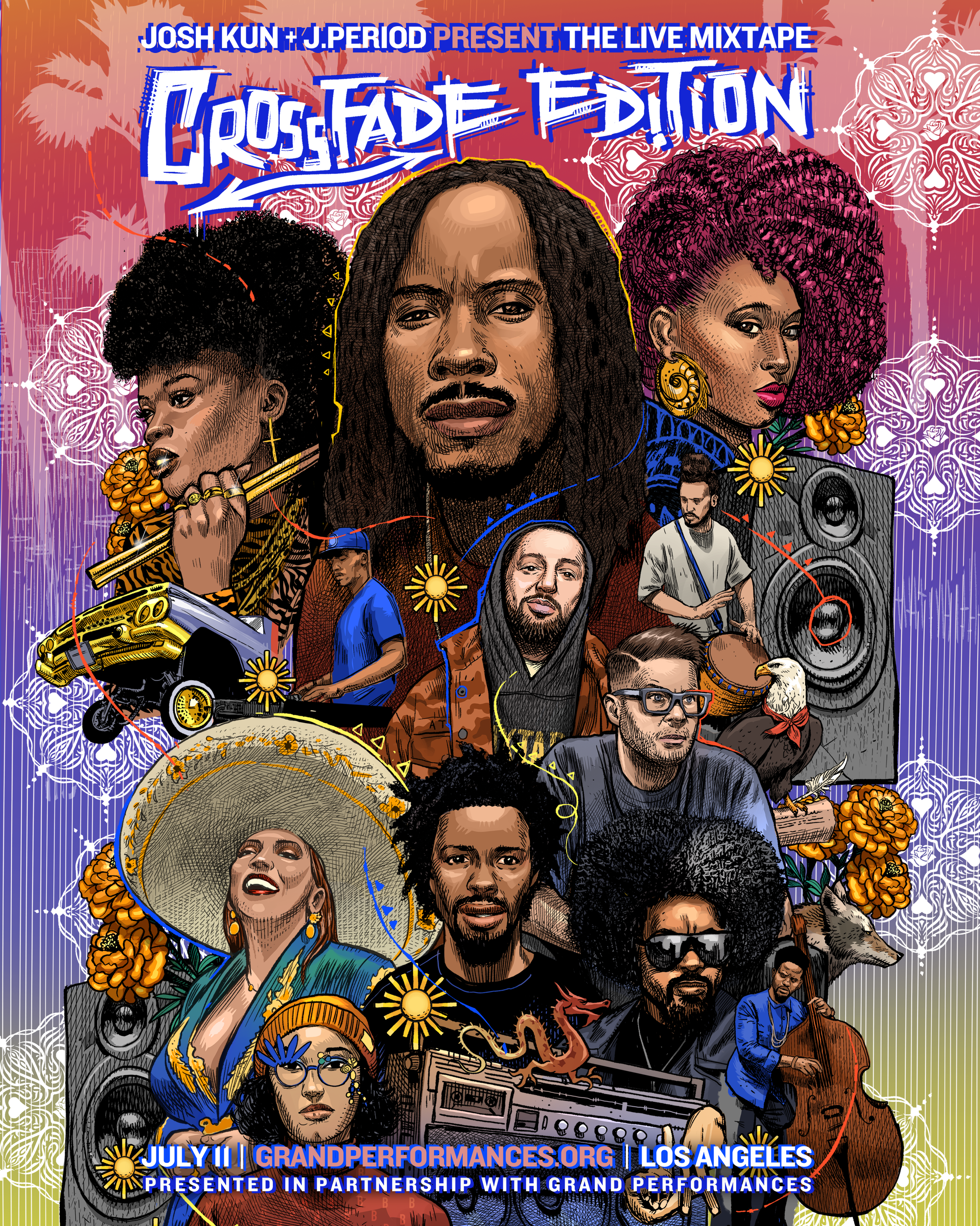 The Art of the Crossfade flyer. J. PERIOD and Josh Kun live mixtape at Grand Performances, July 11, 2026.