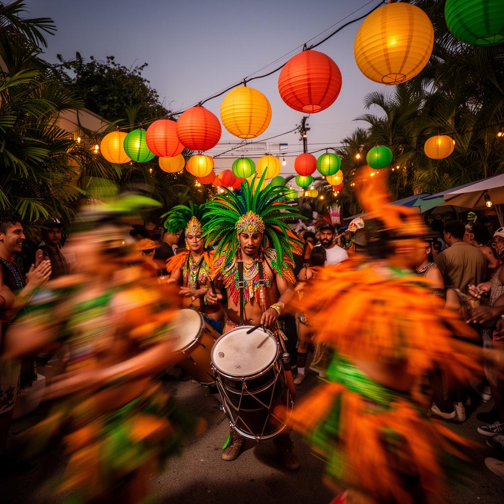 Samba dancers and drummers under paper lanterns at a block party.