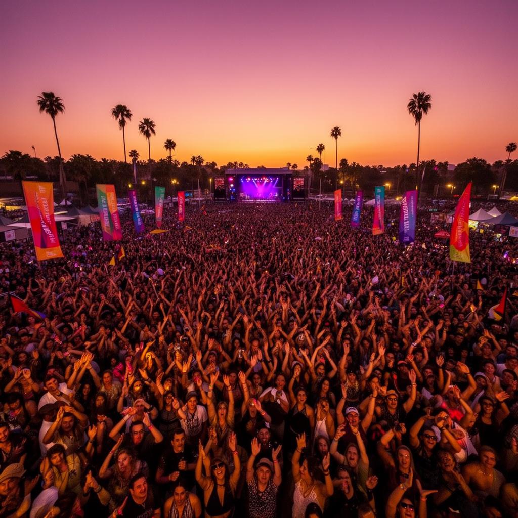 Festival crowd at golden hour during a Latin music set.