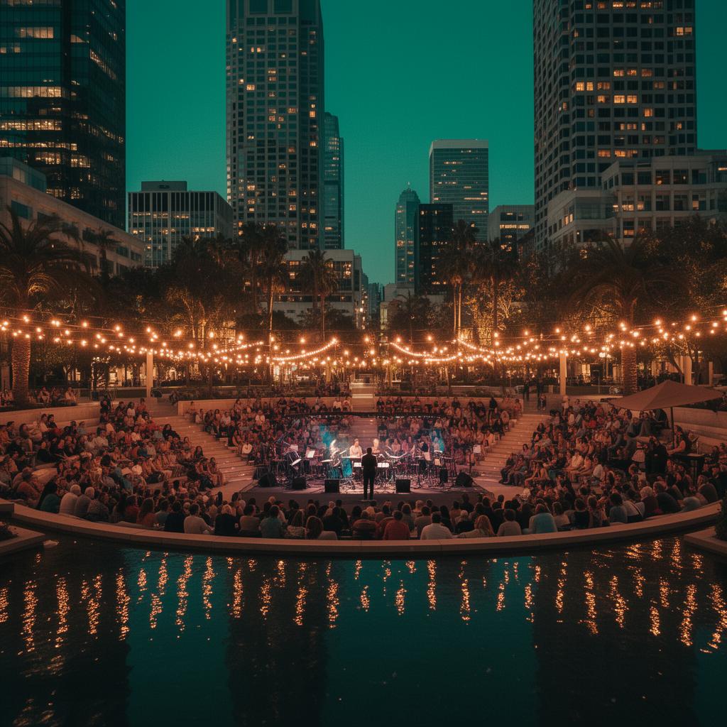 Summer Saturday concert at California Plaza beneath downtown skyline.